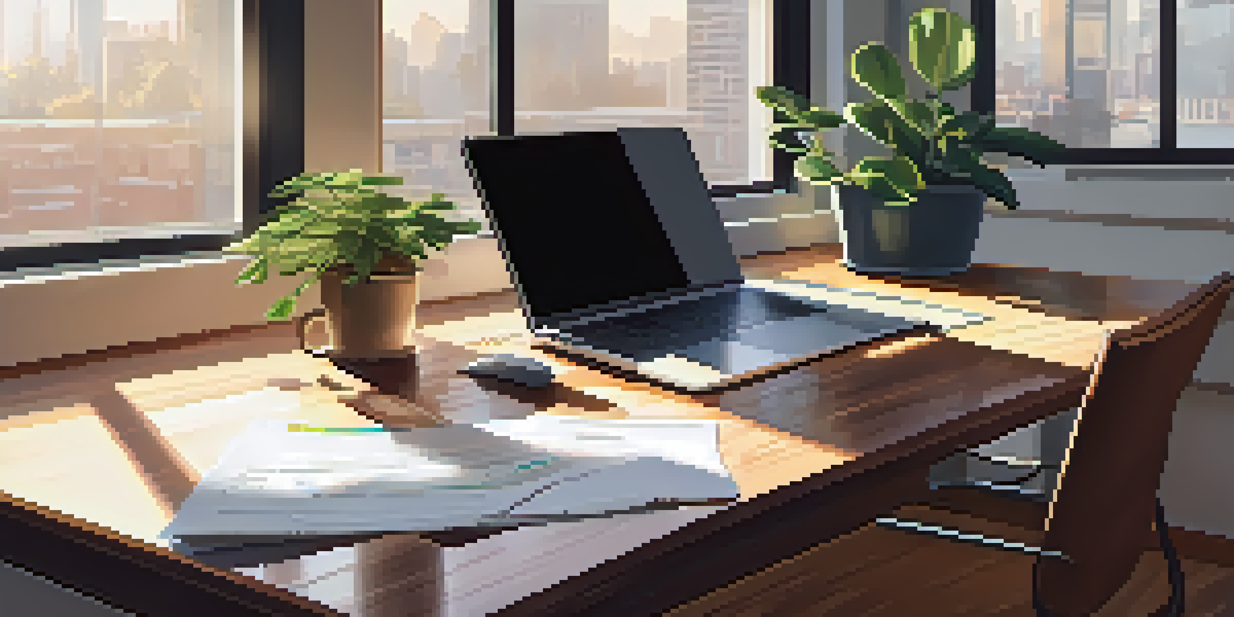 A modern office desk with a laptop, a potted plant, and a coffee mug, illuminated by soft morning light from a large window.