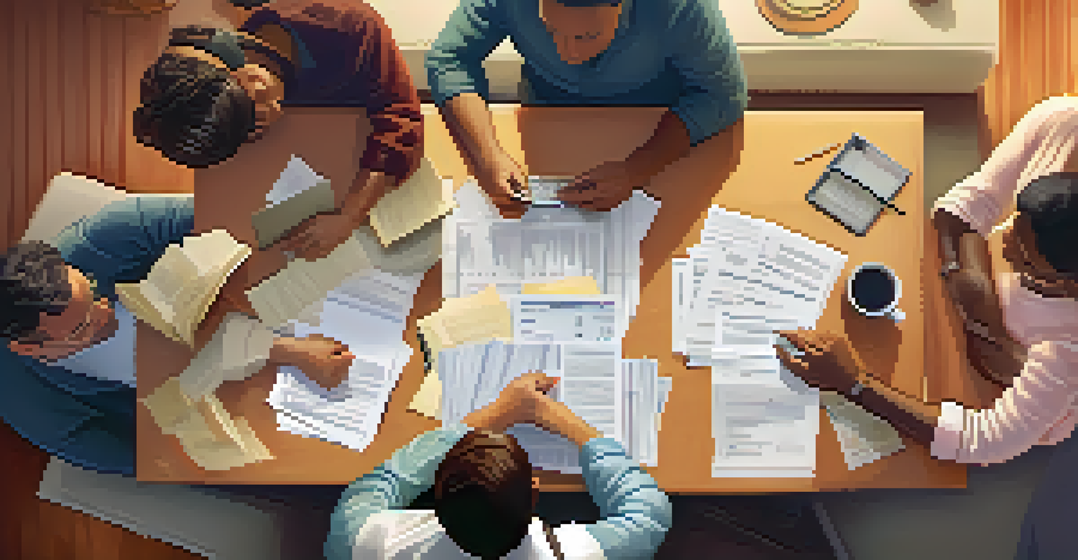 A family reviewing tax documents together at a table in a cozy home environment.