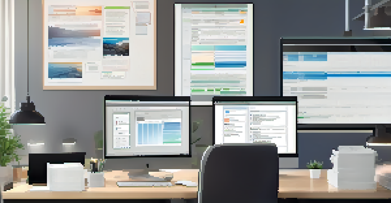 A modern digital workspace with a computer screen showing organized digital documents and a minimalist decor.