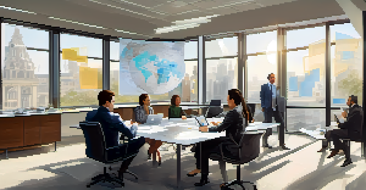 A diverse group of expatriate professionals discussing in a bright office setting with a world map on the wall.