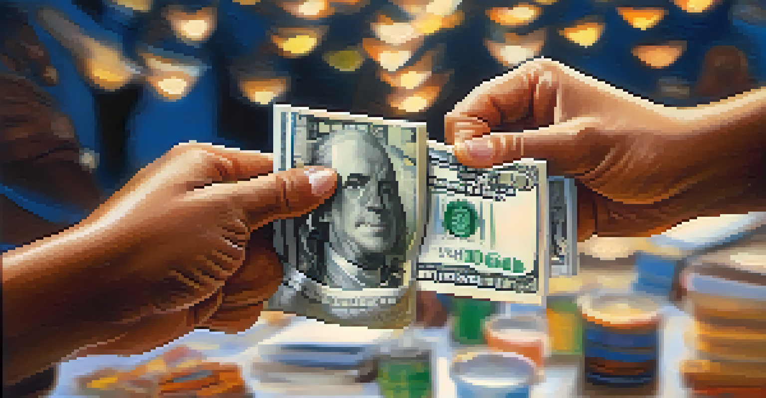 Close-up of diverse hands exchanging a donation, symbolizing the act of giving with a charity logo in the background.