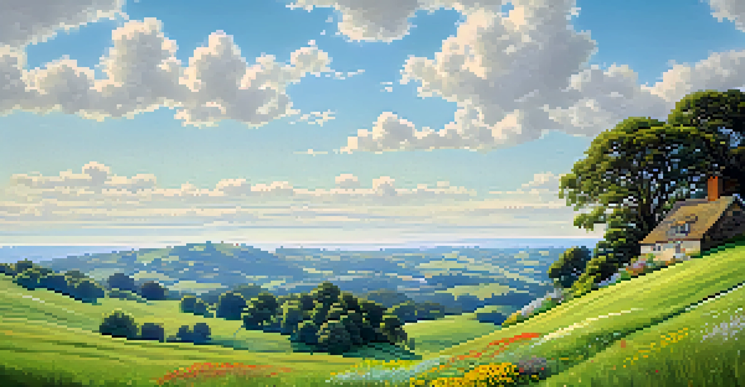 A peaceful landscape of green hills with wildflowers and a quaint cottage in the distance under a blue sky.