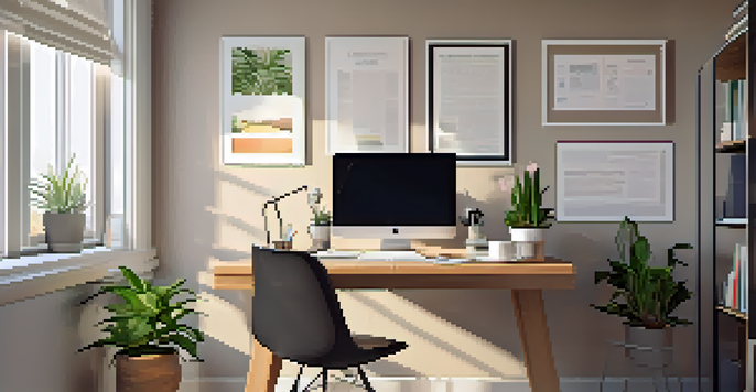 A tidy home office with a desk, laptop, documents, a plant, and coffee, illuminated by soft morning light.