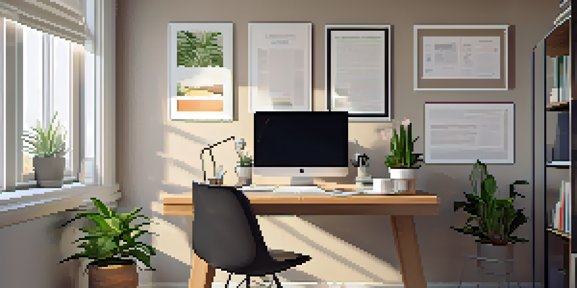 A tidy home office with a desk, laptop, documents, a plant, and coffee, illuminated by soft morning light.
