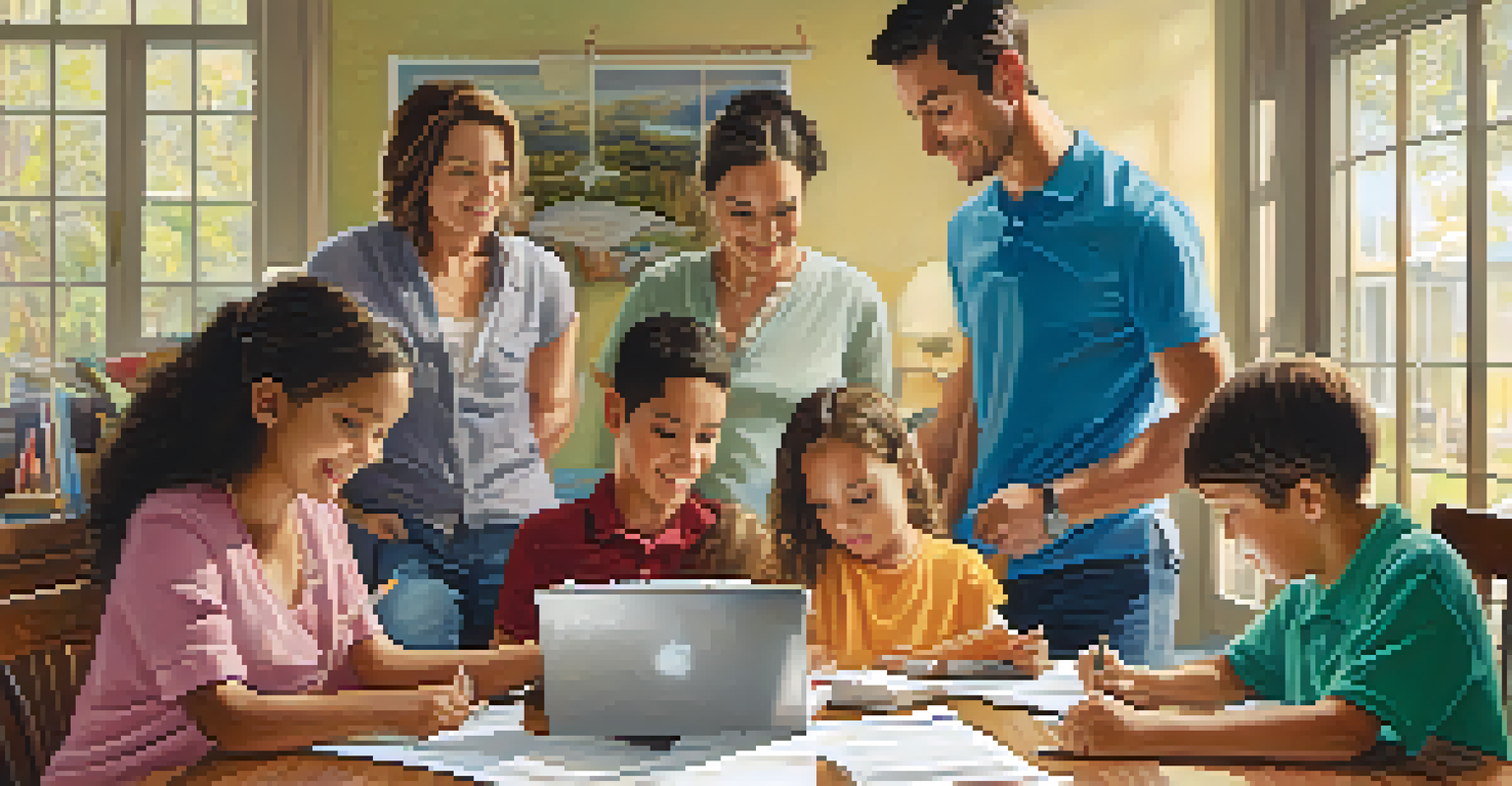 A family at a table with tax documents and a laptop, with children playing in the background.