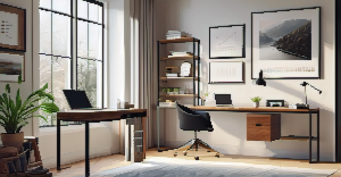 A well-organized home office featuring a wooden desk with a laptop, a potted plant, and a motivational quote on the wall, illuminated by natural light.