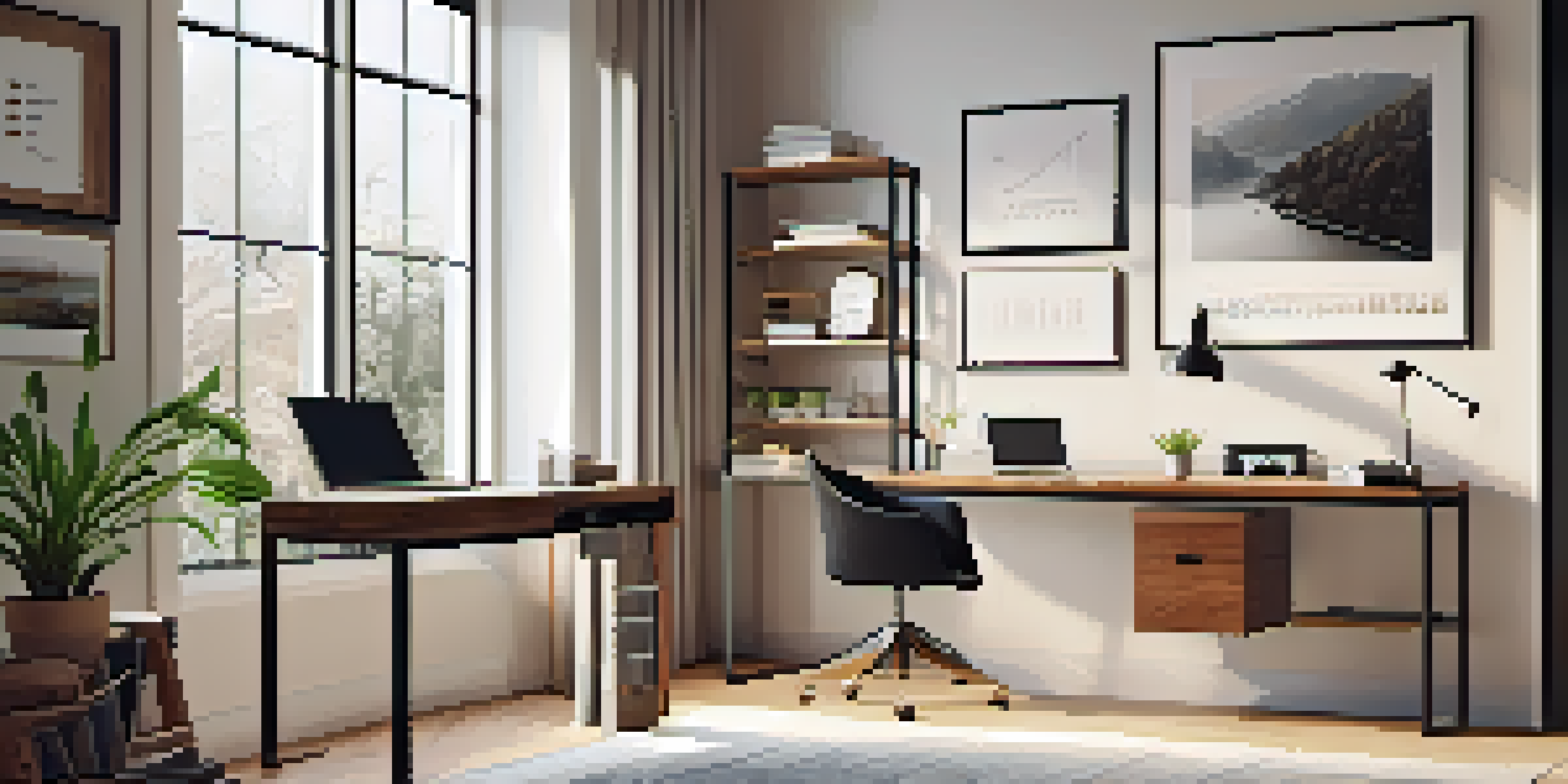 A well-organized home office featuring a wooden desk with a laptop, a potted plant, and a motivational quote on the wall, illuminated by natural light.