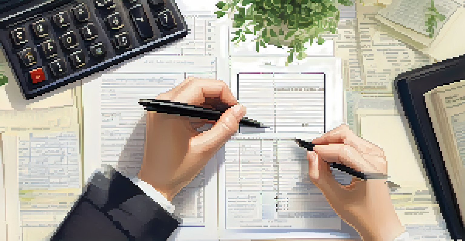 A close-up of a hand writing in a ledger with a fountain pen, surrounded by tax documents and a calculator, with a small potted plant in the background.