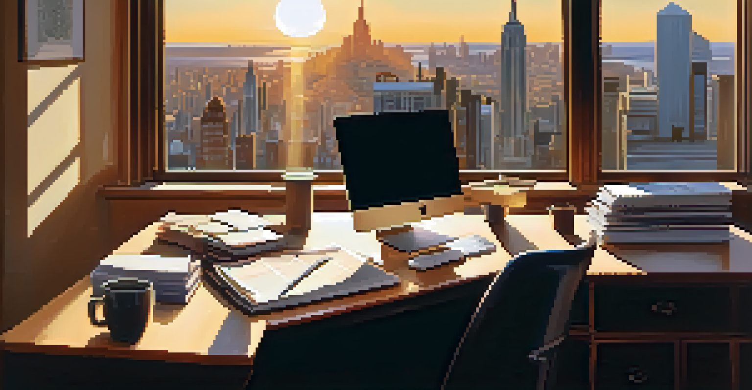 A sophisticated office interior with a wooden desk, laptop, and city skyline view during sunset.
