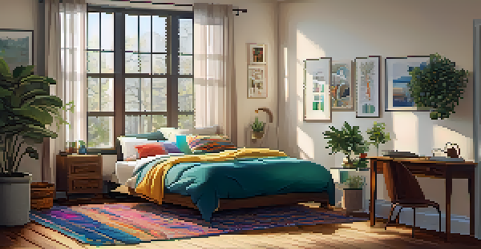 A cozy Airbnb rental room with a bed, desk, and natural light.