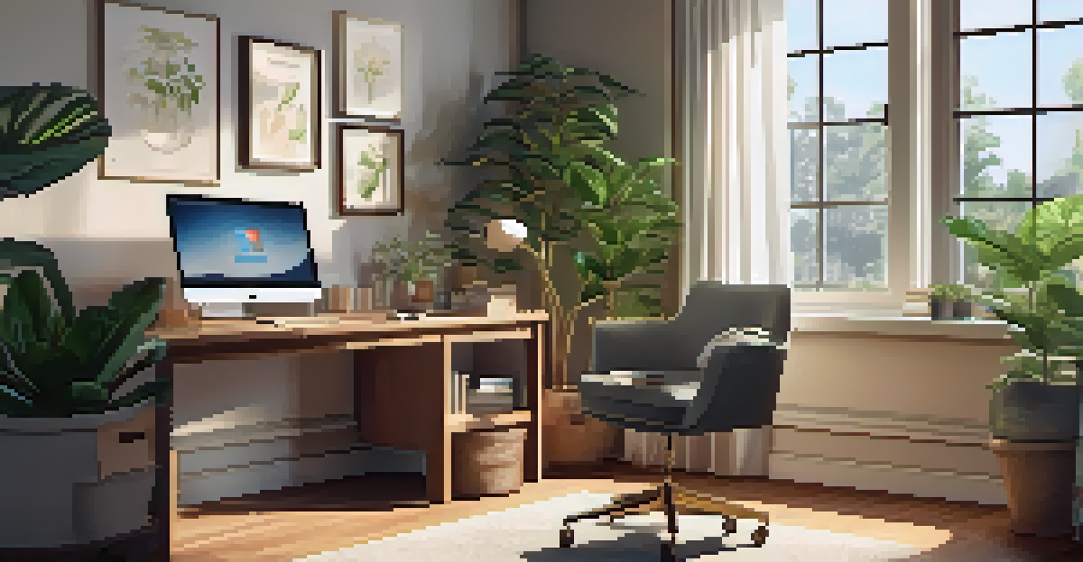 A comfortable home office with a wooden desk, an open laptop, documents, and a cup of coffee, illuminated by natural light.