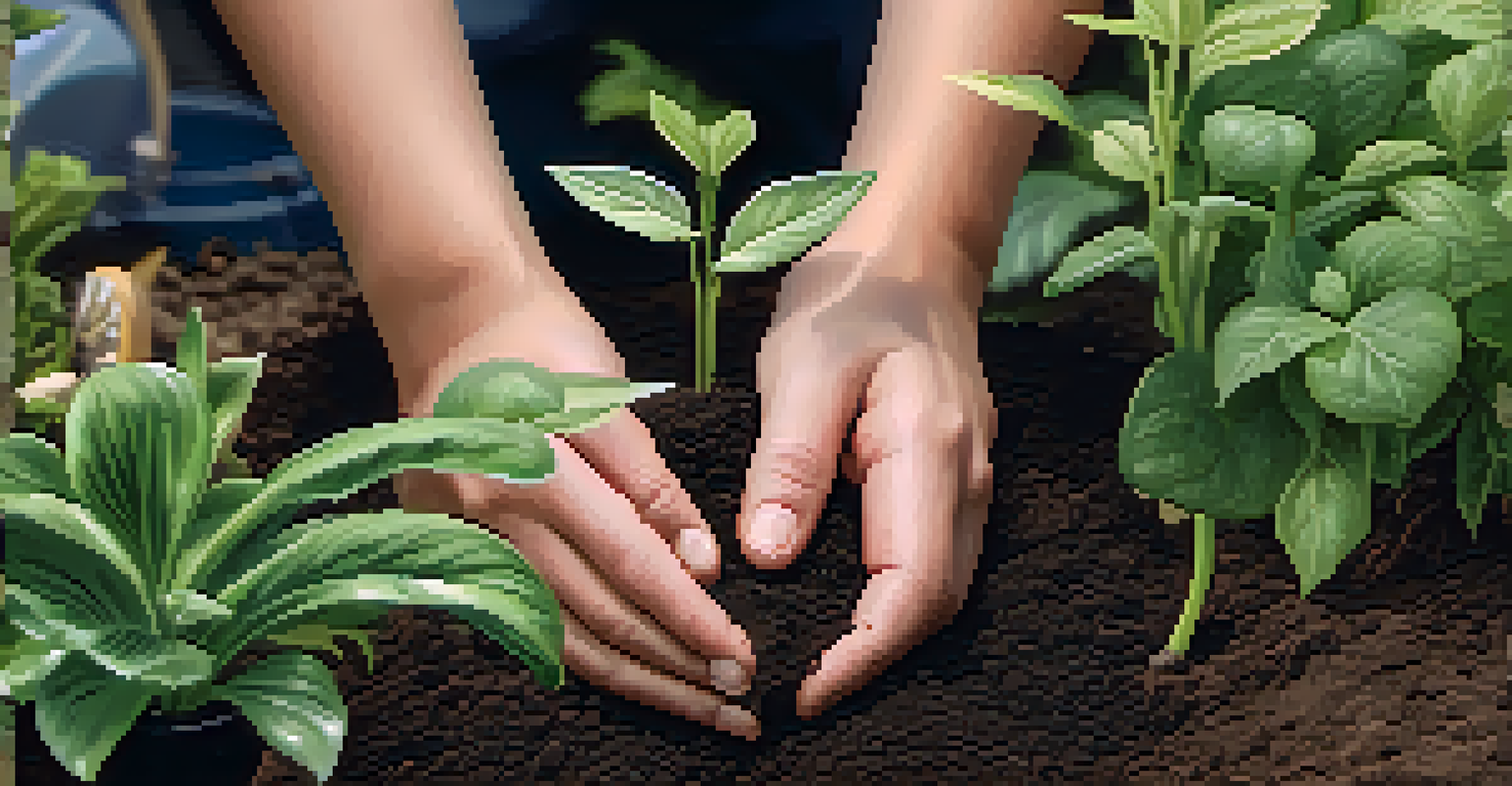 Close-up of hands planting a young sapling in soil, with garden tools and a blurred background of a lush garden.