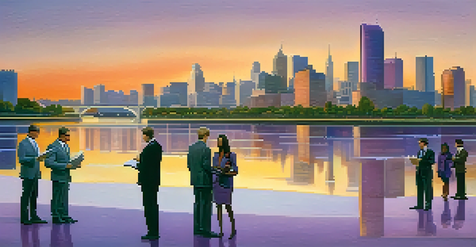 A group of diverse business professionals discussing documents in front of a modern city skyline at sunset, with reflections on a river.