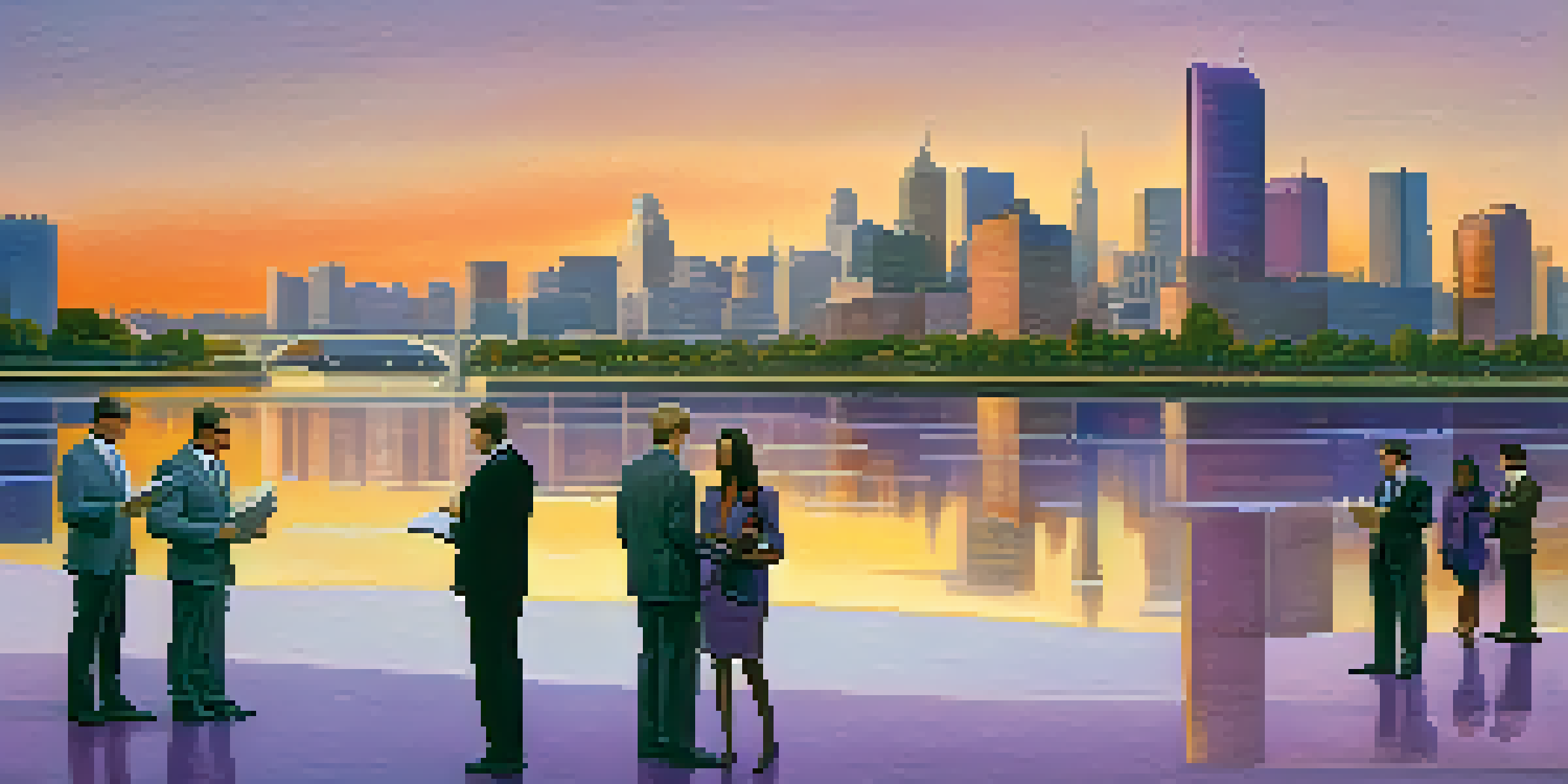A group of diverse business professionals discussing documents in front of a modern city skyline at sunset, with reflections on a river.