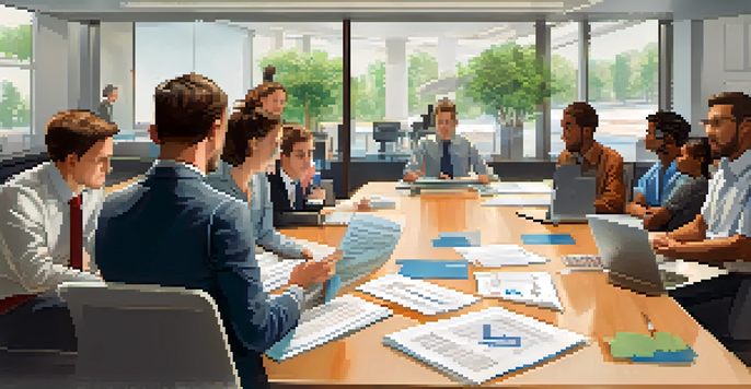 A diverse group of people discussing taxpayer rights in a bright office space with a whiteboard in the background.