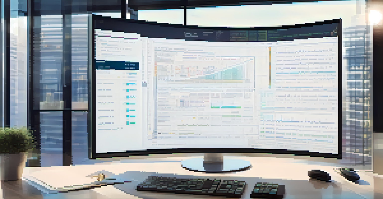 A close-up of a smart contract on a digital screen with code and tax calculation illustrations, set in a modern office environment.