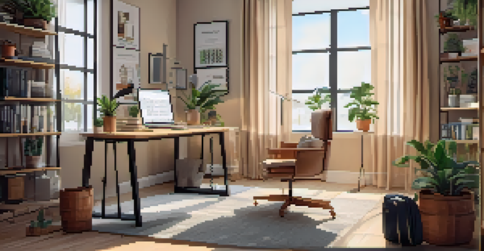 A cozy home office with a modern desk, laptop, potted plants, and warm lighting from a window.