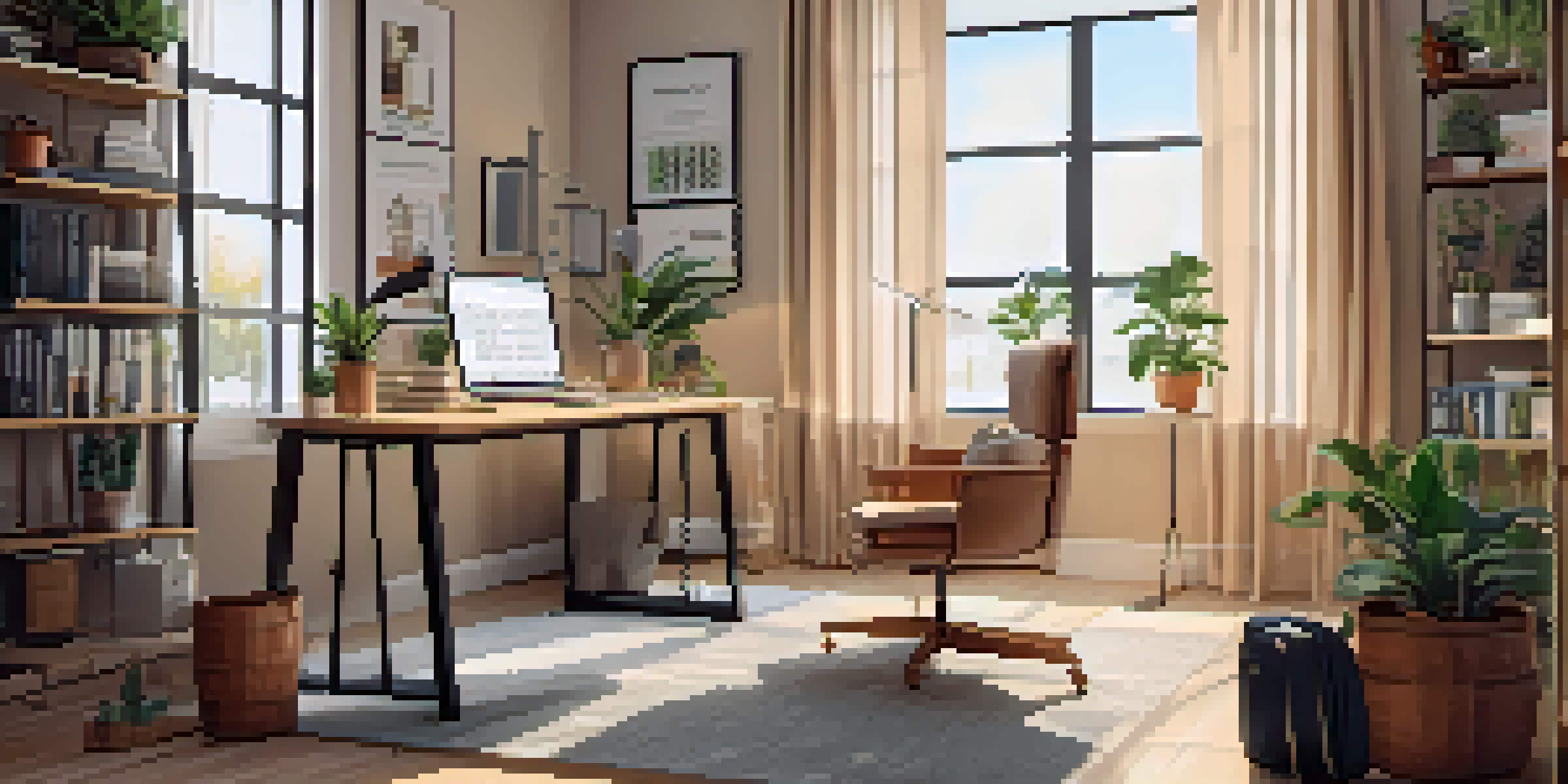 A cozy home office with a modern desk, laptop, potted plants, and warm lighting from a window.