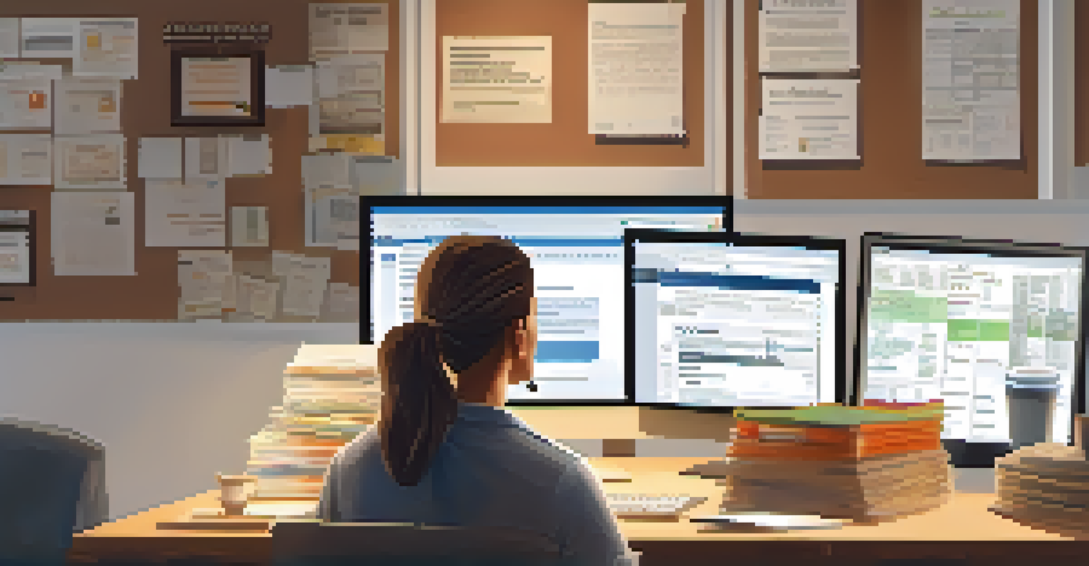 A small business owner working at a desk with paperwork and a computer screen showing tax software in a cozy office.