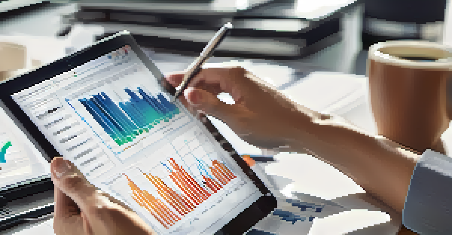 A close-up of a hand using accounting software on a tablet, showing financial graphs, with a cup of coffee nearby.