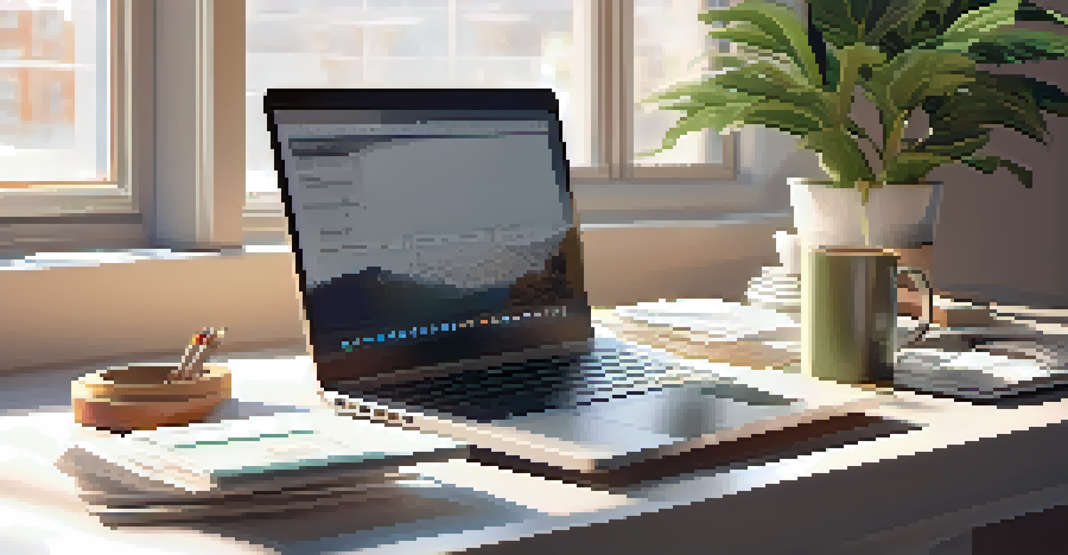 An organized workspace with a laptop, coffee mug, and receipts on a clean desk.