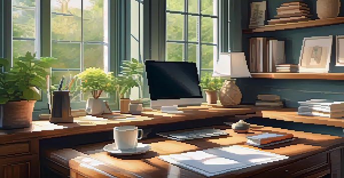 A cozy home office with a wooden desk, laptop, tax documents, and a view of a garden outside the window.
