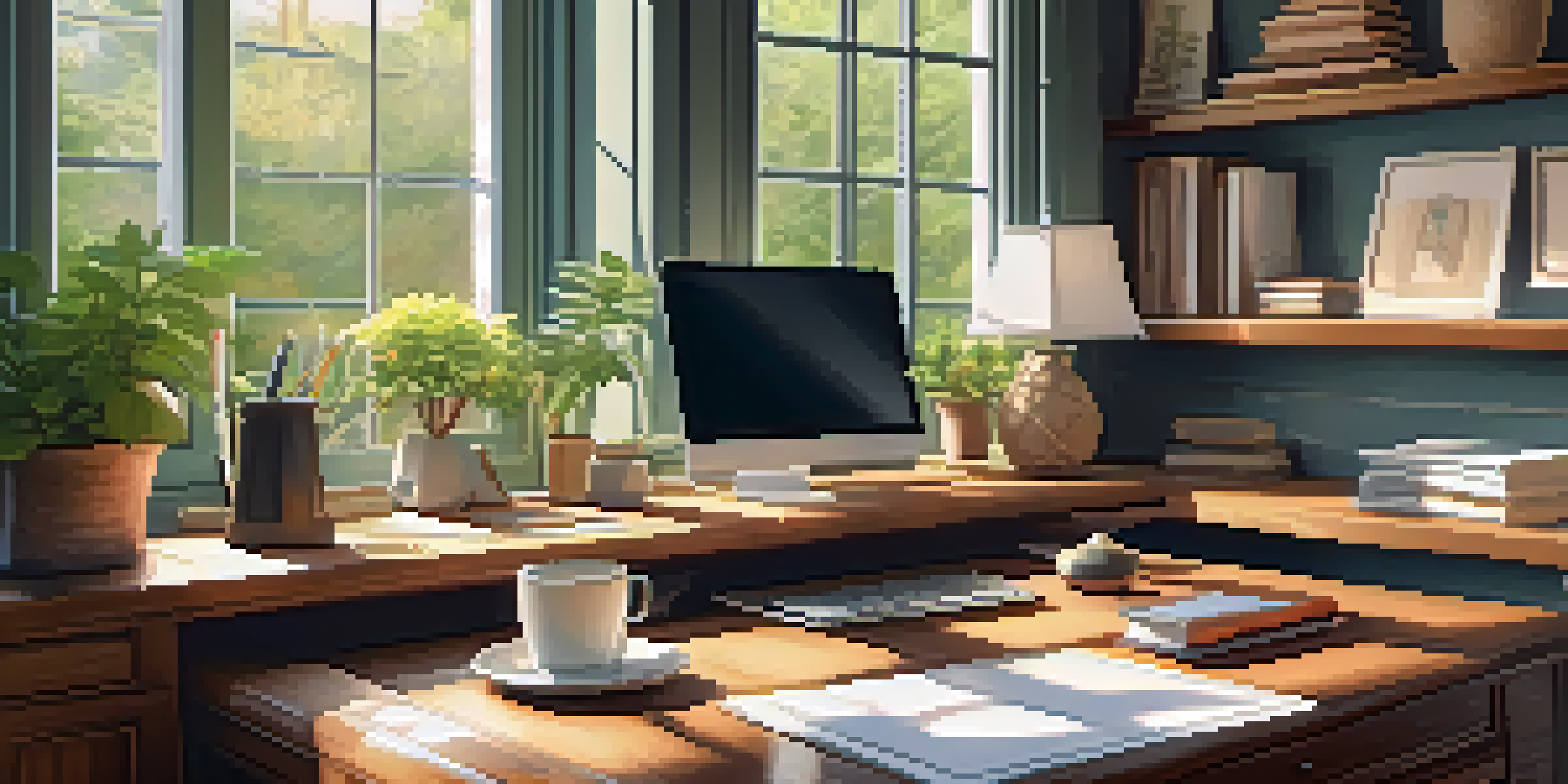 A cozy home office with a wooden desk, laptop, tax documents, and a view of a garden outside the window.