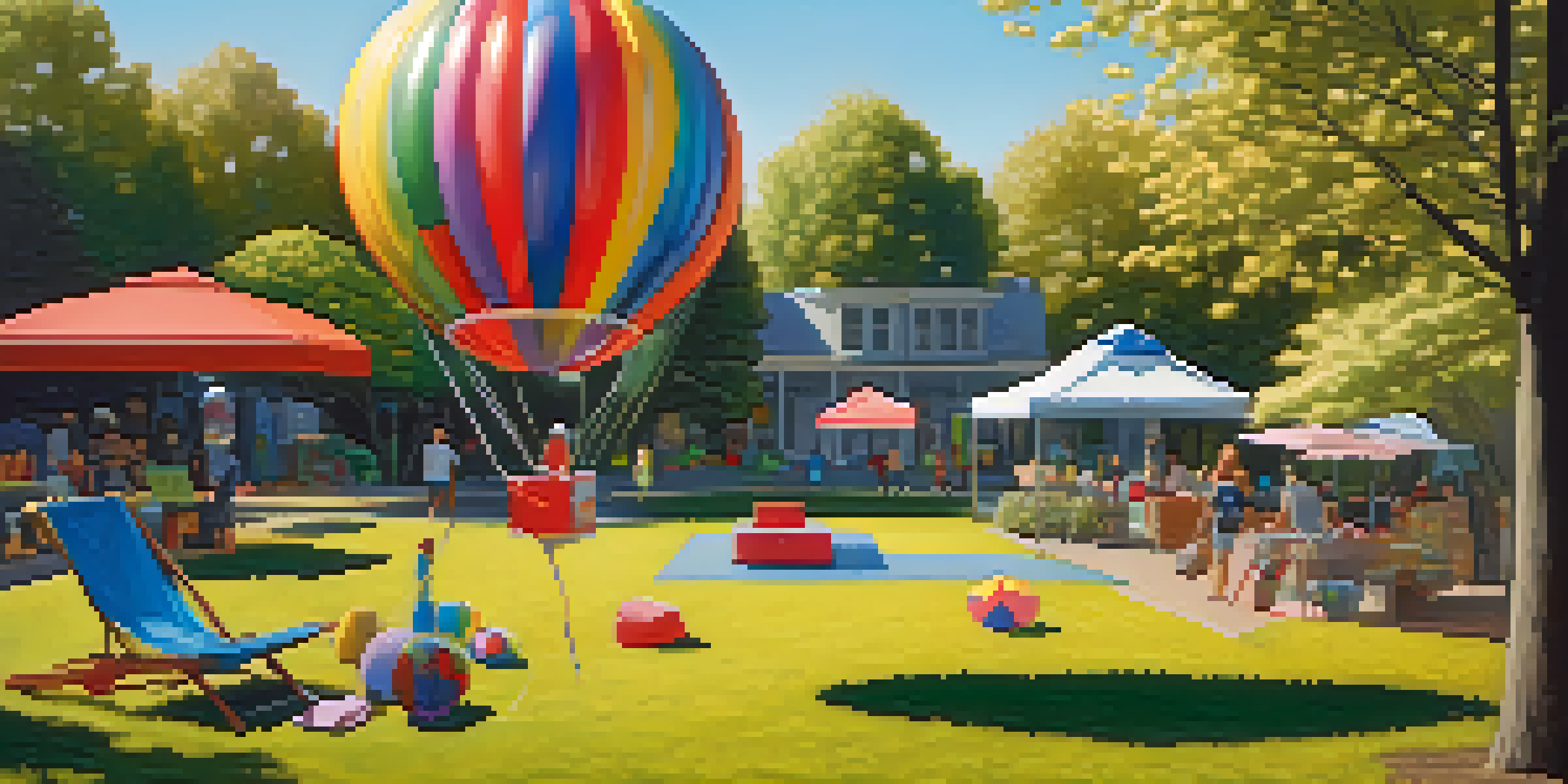 An illustration of a large balloon inflating in a park, surrounded by everyday items like groceries and clothing, with sunlight filtering through trees.