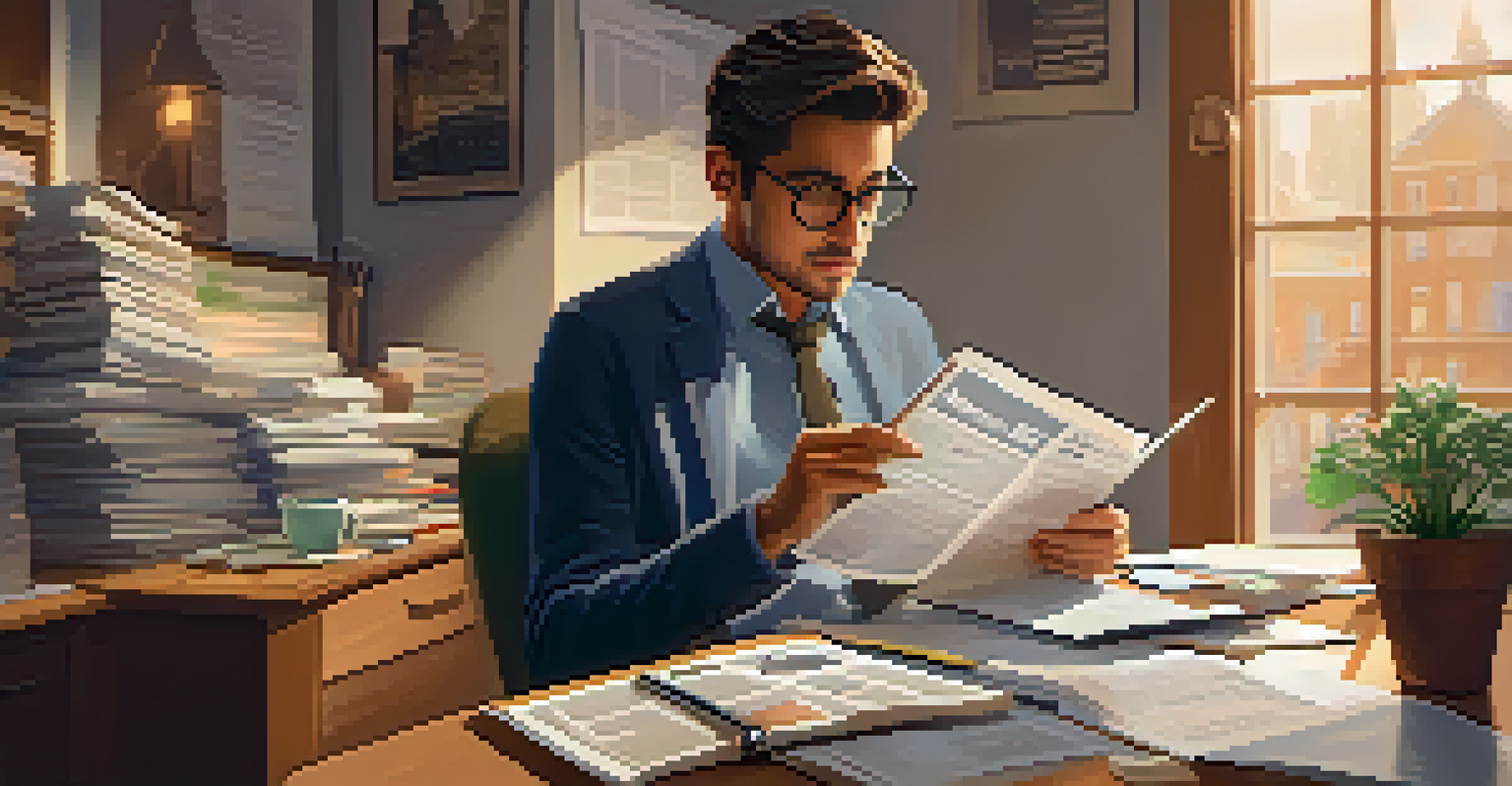 A focused individual reading a tax newsletter on a tablet at a desk filled with papers and a cup of coffee.