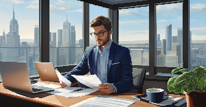 A tax professional at a desk, reviewing documents with a laptop and city skyline outside the window.