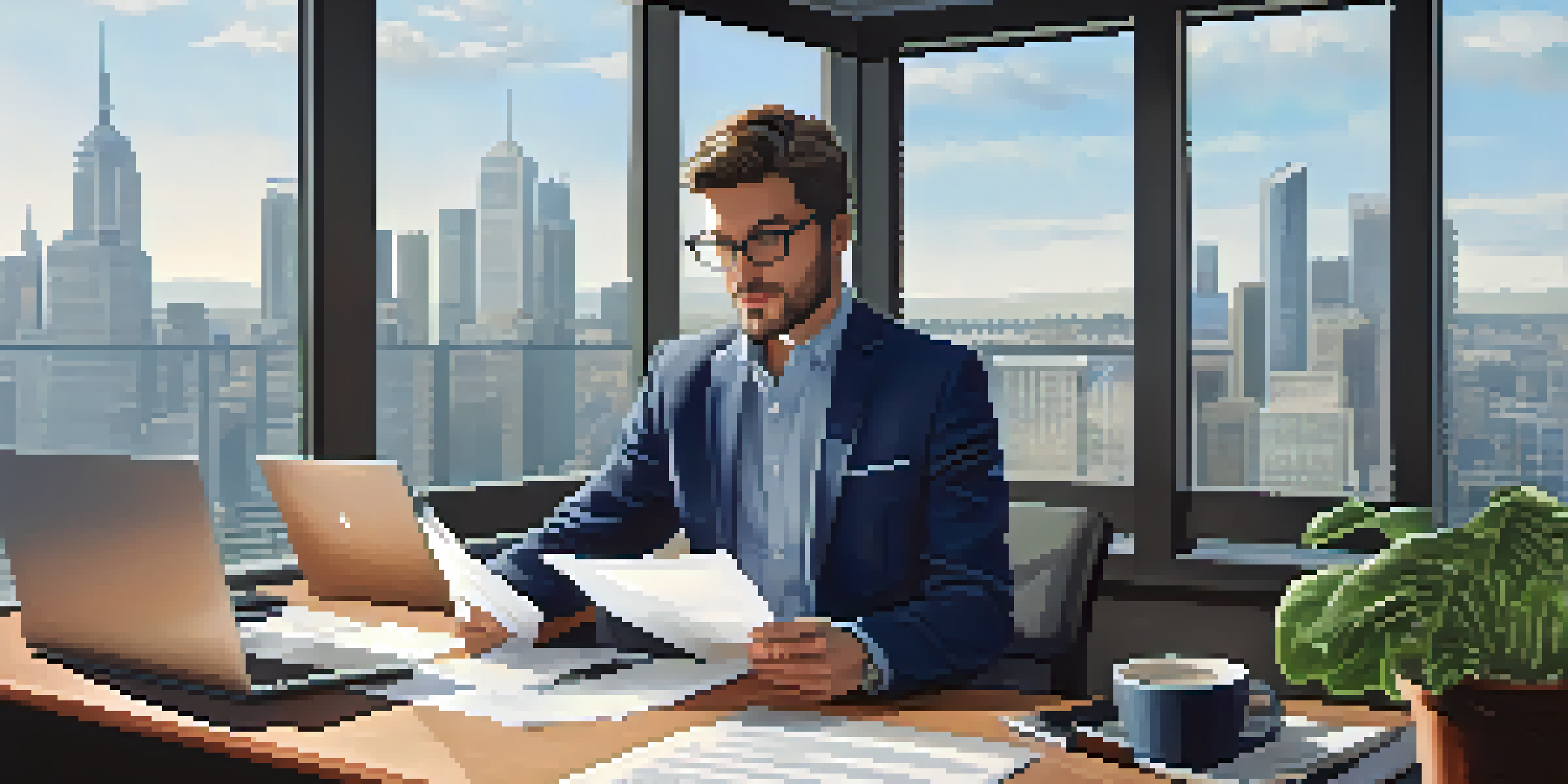 A tax professional at a desk, reviewing documents with a laptop and city skyline outside the window.