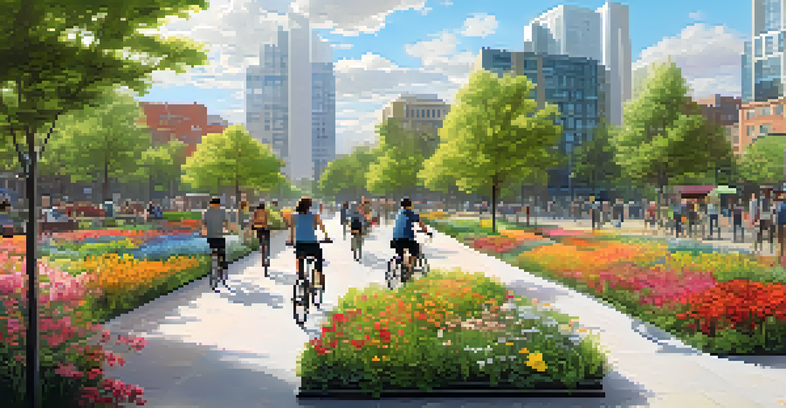 A modern cityscape featuring green rooftops, solar panels, and people biking in a park with flowers and art installations.