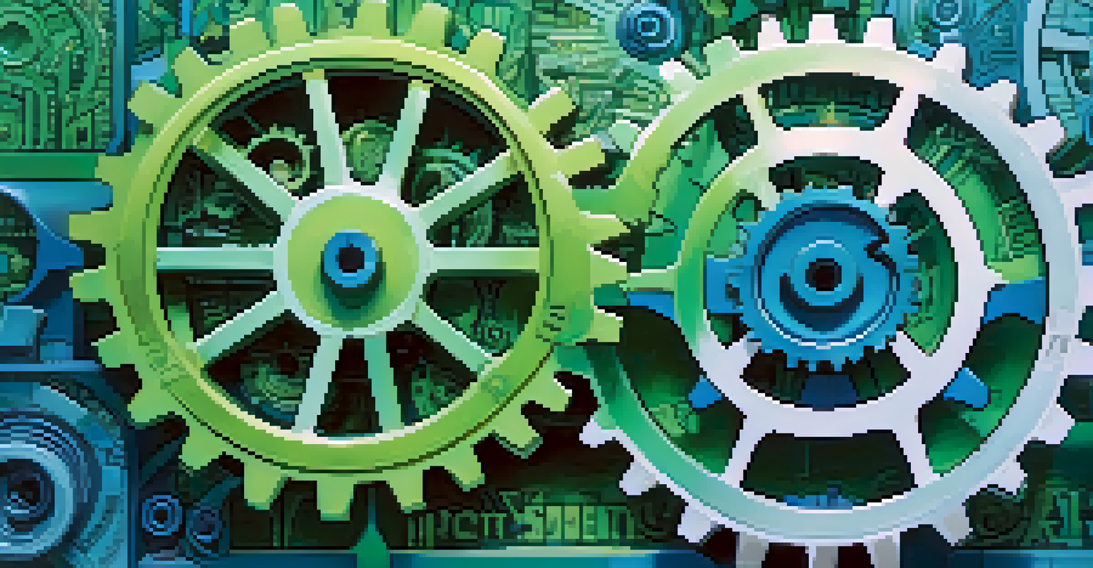An abstract illustration of interconnected gears labeled with terms related to tax compliance, in shades of blue and green, illuminated by soft lighting.