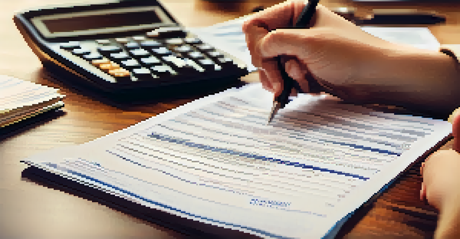 Close-up of hands filling out a tax form with a calculator and coffee cup in the background, representing financial planning.
