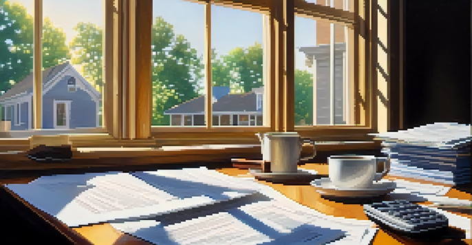 A cluttered desk with tax documents, a calculator, and a coffee cup, illuminated by sunlight.