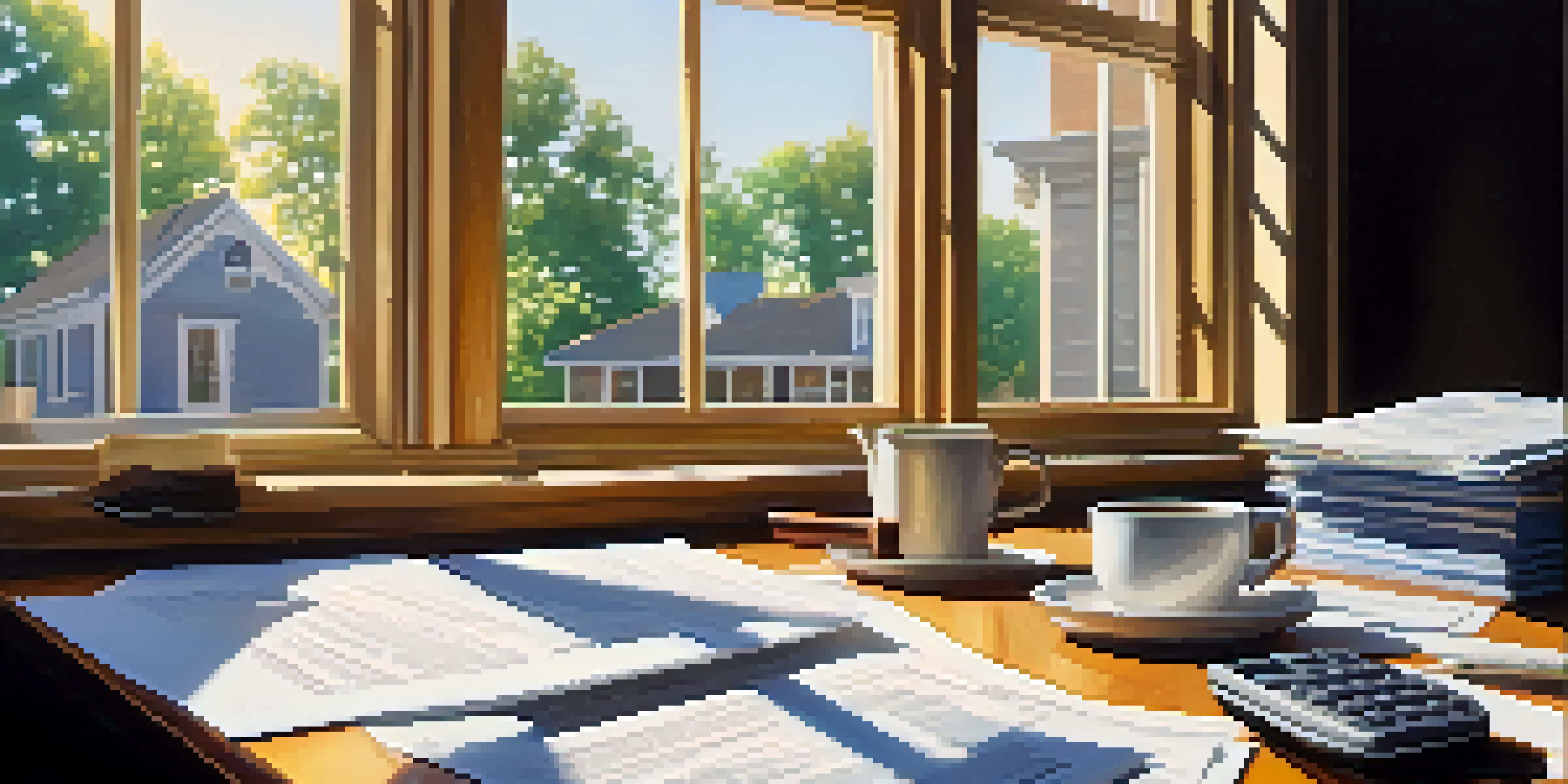 A cluttered desk with tax documents, a calculator, and a coffee cup, illuminated by sunlight.