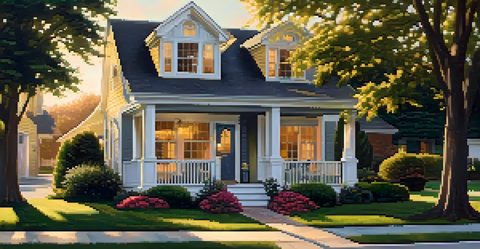 A suburban home with a garden and porch during golden hour, featuring a mailbox labeled 'Mortgage Information'.