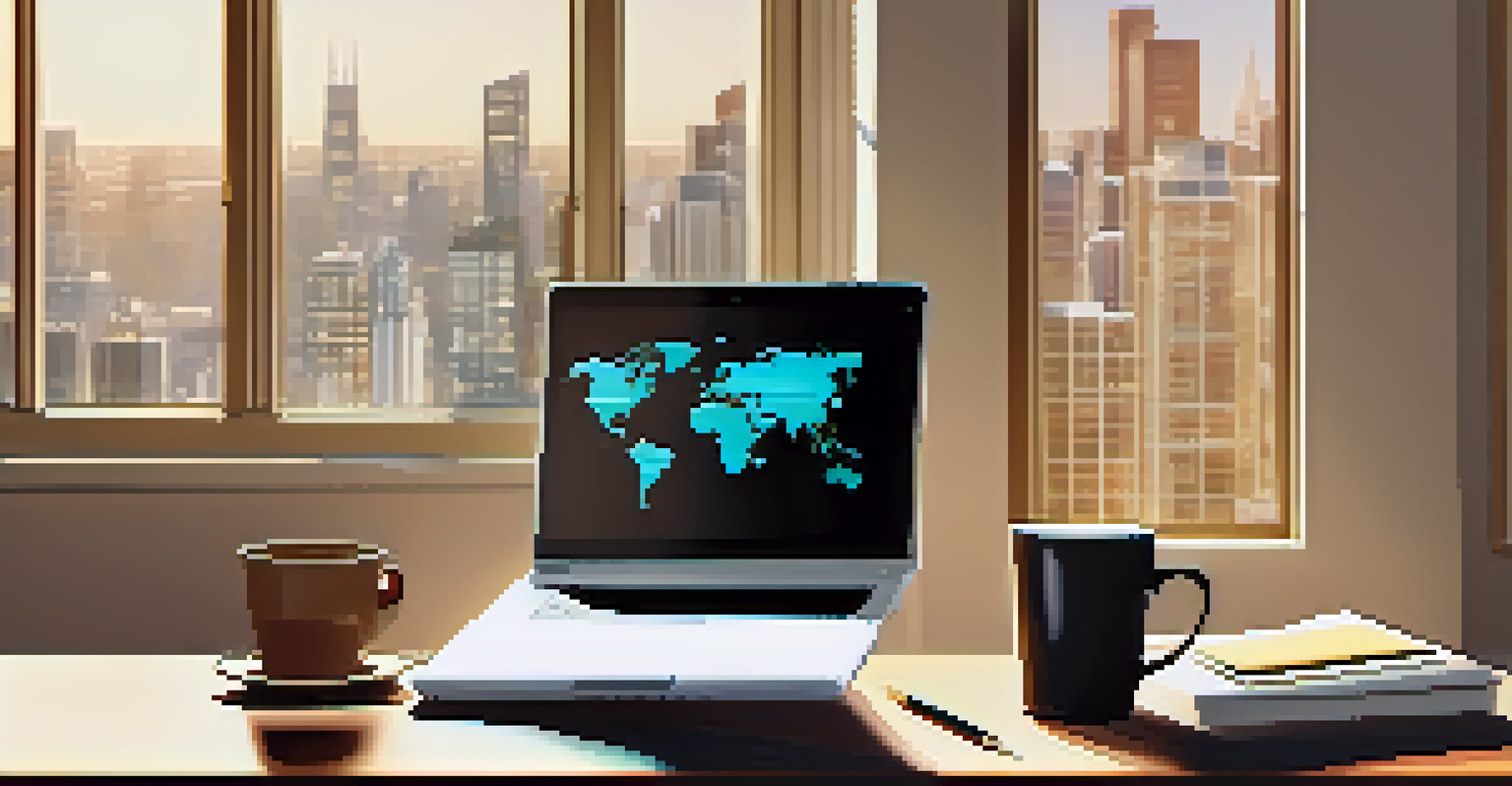 A tidy desk with a laptop showing investment graphs, notebooks with financial notes, and a coffee cup, all bathed in warm natural light.