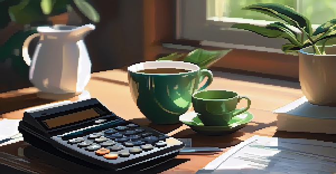 A desk with tax documents, a calculator, and a cup of coffee, illuminated by sunlight, with green plants in the background.