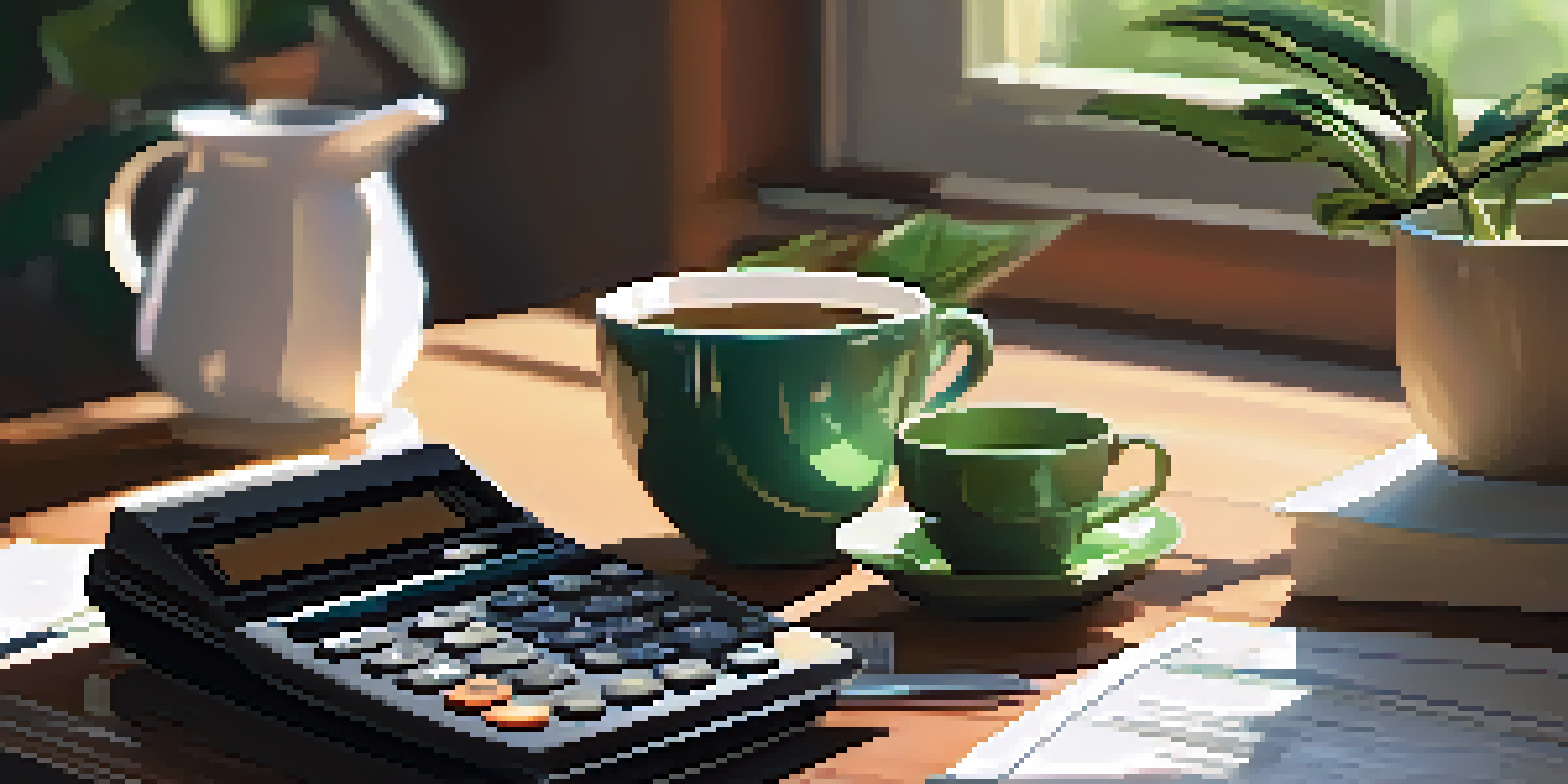 A desk with tax documents, a calculator, and a cup of coffee, illuminated by sunlight, with green plants in the background.