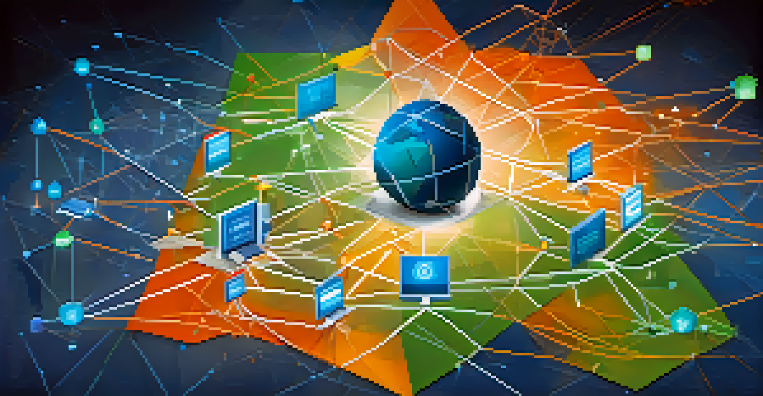 An abstract digital network depicting international transactions with vibrant colors and icons.