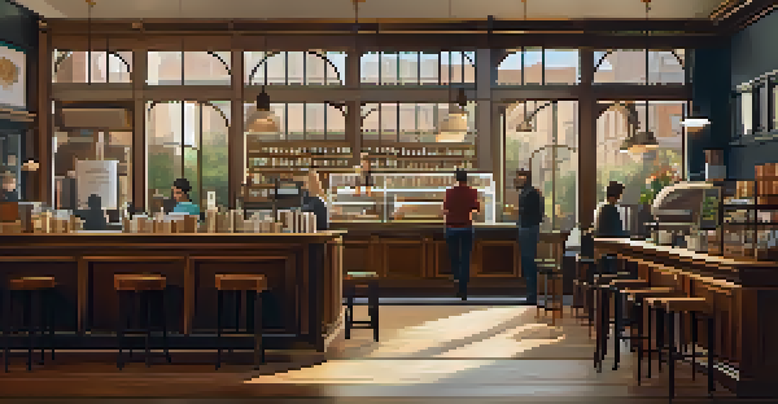A cozy coffee shop interior with wooden tables, warm lighting, a barista, and patrons enjoying their time.
