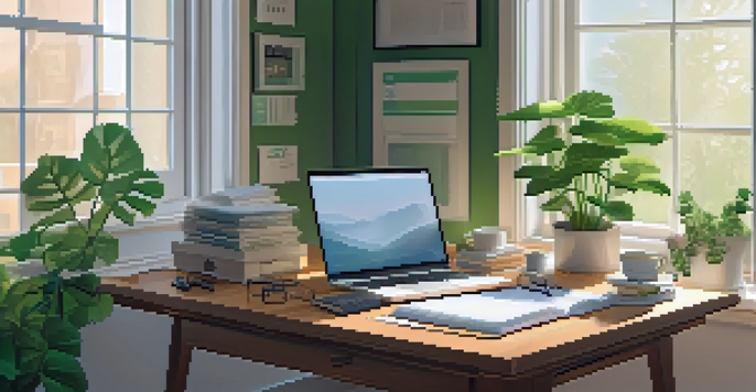 A tidy home office with a desk, laptop, and organized folders, illuminated by soft morning light.