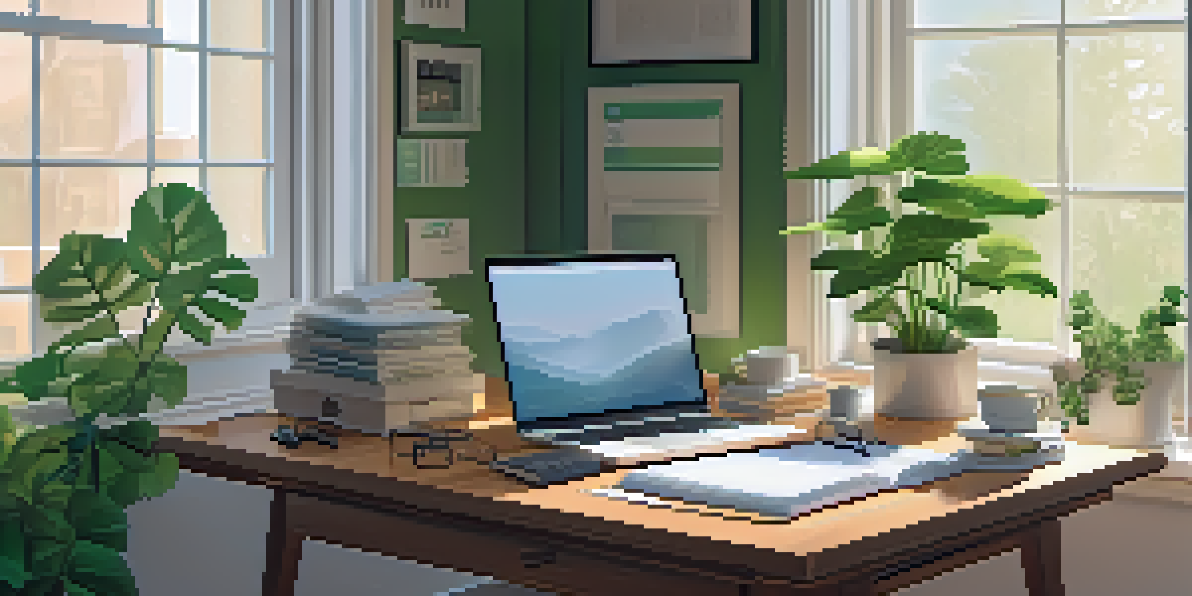 A tidy home office with a desk, laptop, and organized folders, illuminated by soft morning light.