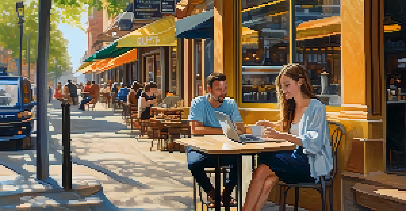 An expat working on a laptop at an outdoor café with a coffee cup, surrounded by a lively street scene.