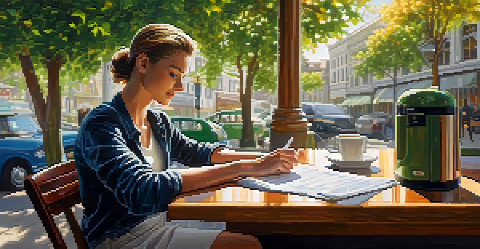 A person at a café table, completing a tax extension form outdoors with coffee and a pastry nearby.