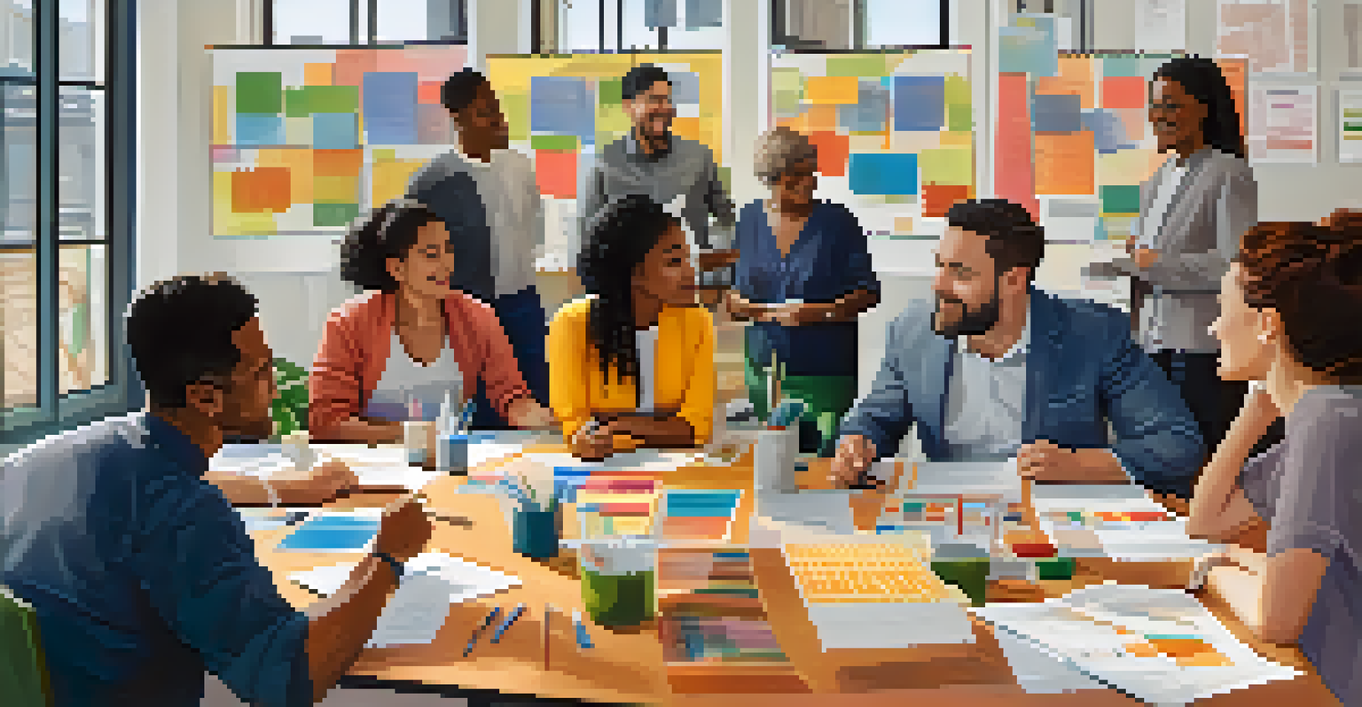 A workshop with diverse small business owners discussing tax incentives around a table filled with colorful charts and graphs.