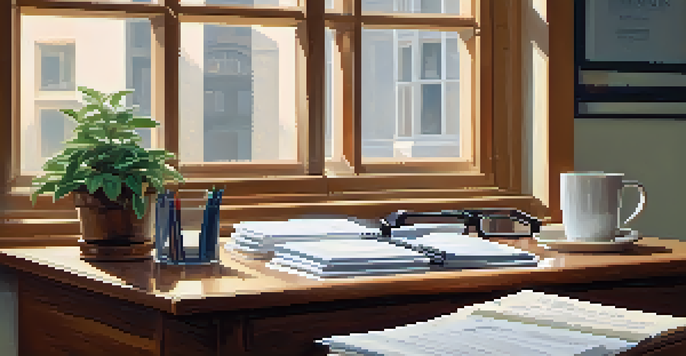 A calm office environment showcasing a desk with legal documents, a laptop, a potted plant, and a coffee cup in soft natural light.