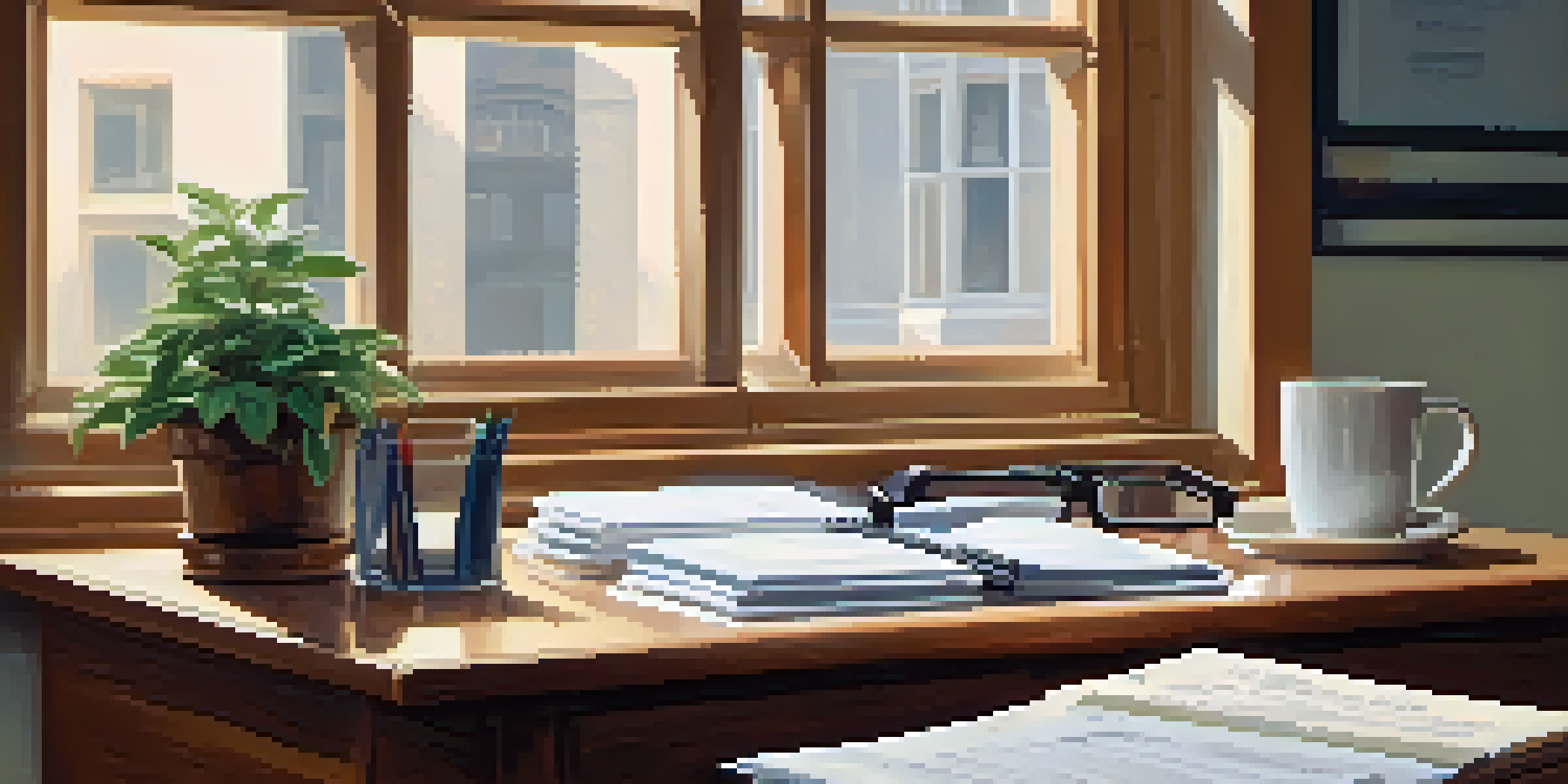 A calm office environment showcasing a desk with legal documents, a laptop, a potted plant, and a coffee cup in soft natural light.
