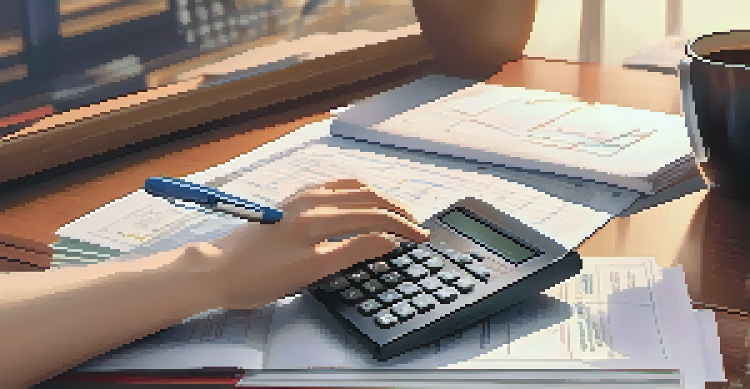 A hand using a calculator with financial reports and a cup of coffee on a desk, reflecting a productive work environment.